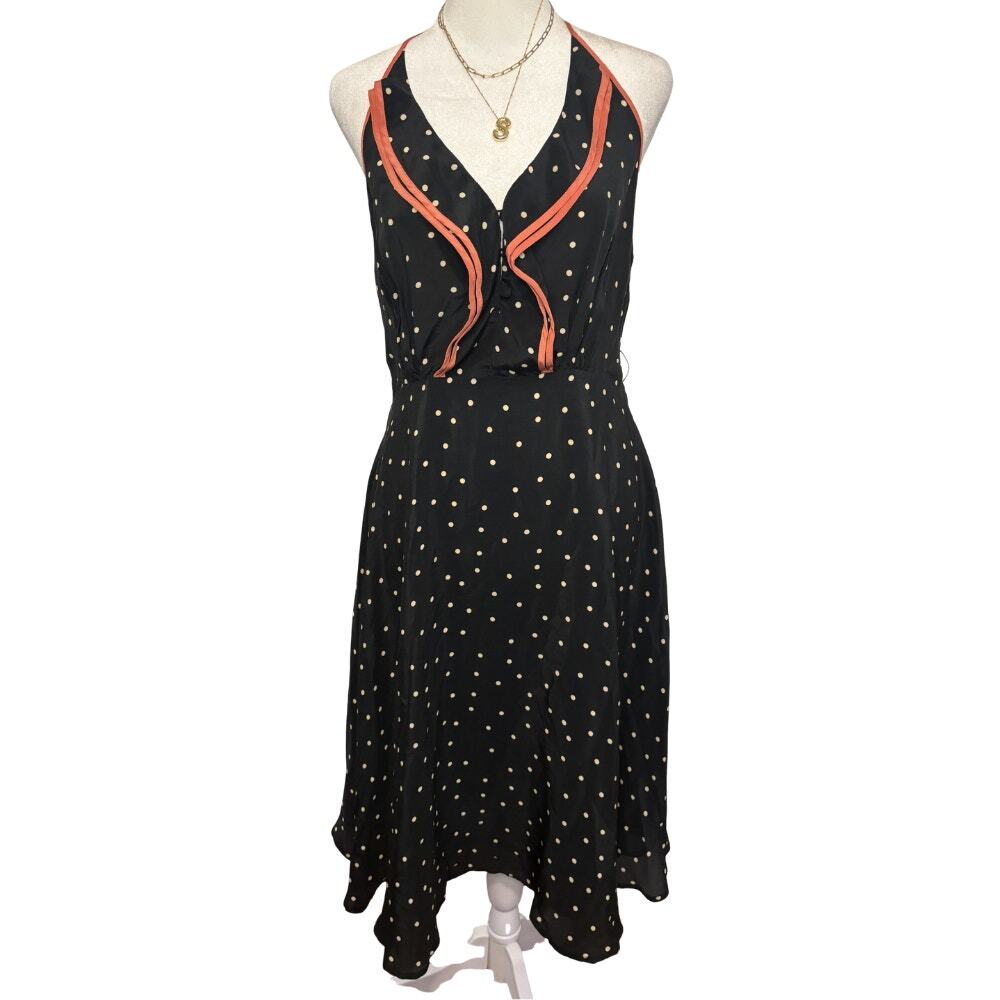 Anthropologie Girls from Savoy Polka Dot Halter Midi Dress Black Coral Size 6